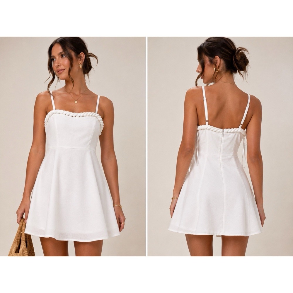 Lulus White Braided Trim Mini Dress Women's Medium Linen Blend Coastal Boho - Picture 1 of 8
